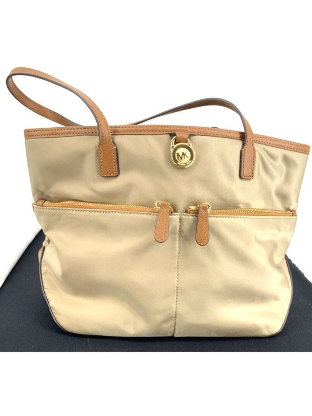 Michael Kors Tan Purse Nylon Handbag Tote Leather Trim Bright Green Interior